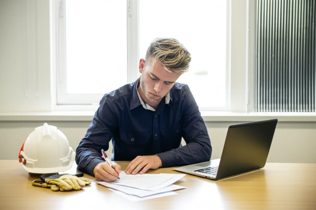Young arborist reviewing business registration paperwork with hard hat and laptop on desk