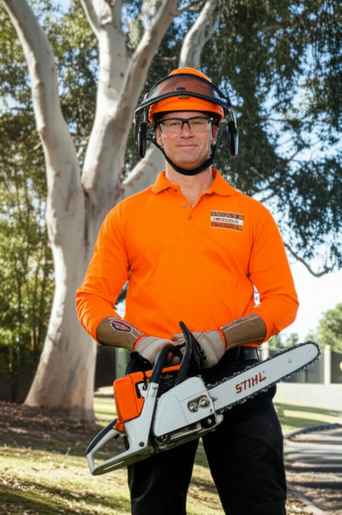 Australian arborist in full PPE holding professional chainsaw in Sydney suburb