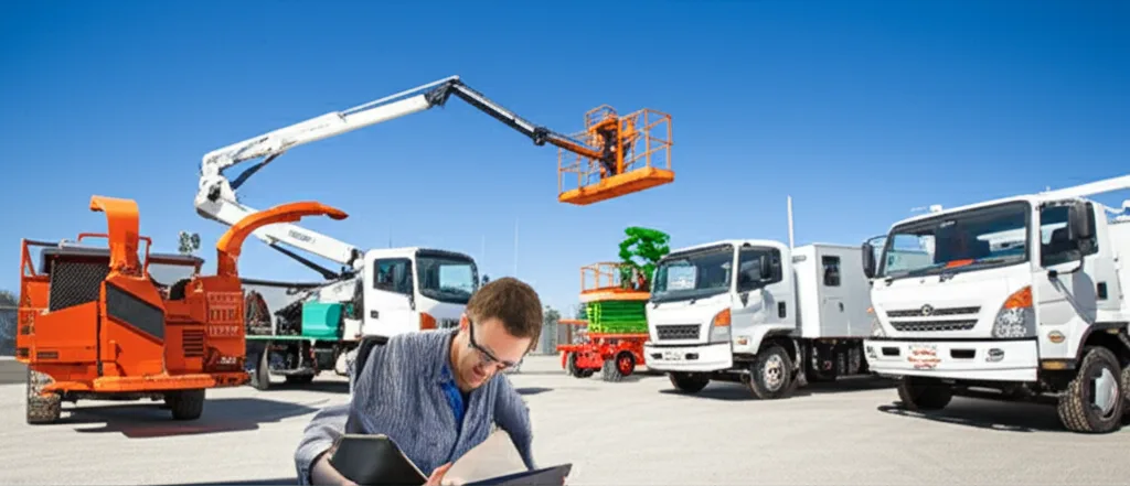 Professional arborist equipment yard with wood chipper and elevated work platform