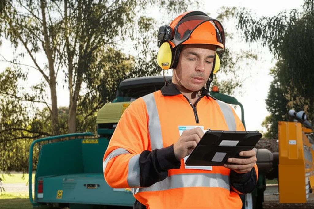Australian arborist reviewing financial growth data on tablet next to chipper truck