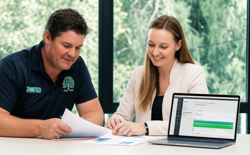 Arborist and accountant reviewing BAS and tax documents together